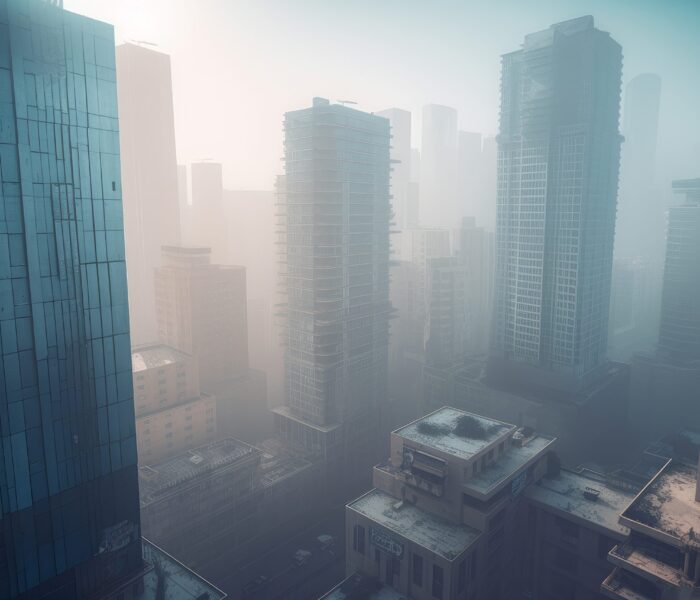 Urban skyscrapers fog travel. Smoke tower. Generate Ai